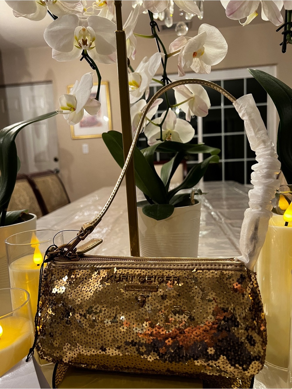 Kurt Geiger London Small Highgate Gold Sequin Baguette Shoulder Wristlet Bag NWT
